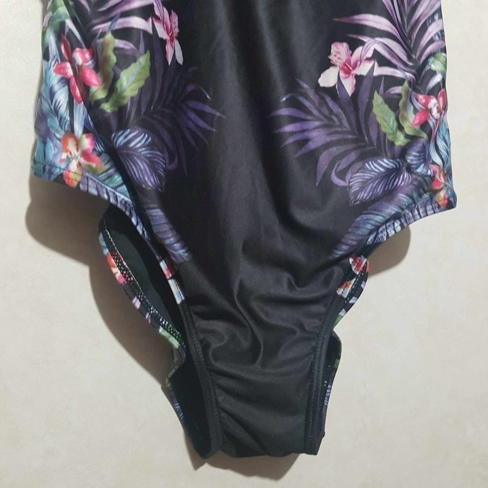 La Vie En Rose Aqua Rose Floral Tropical One Piece Swimsuit Criss Cross Lace - Picture 6 of 12